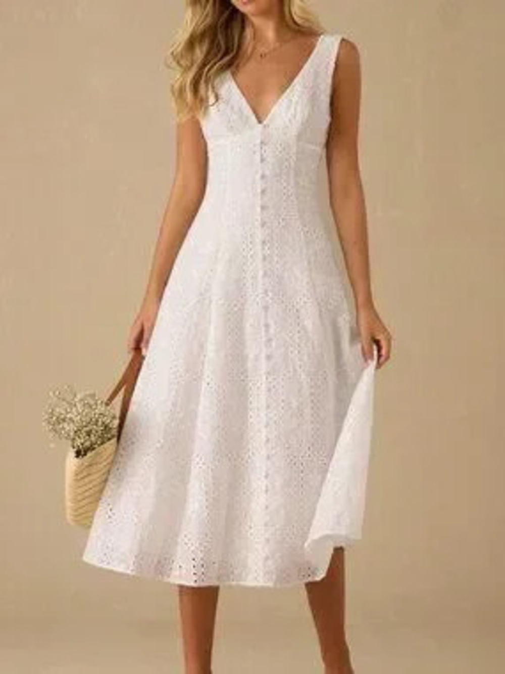 White Elegant Women's Holiday Floral Eyelet V-Neck Sleeveless Dress